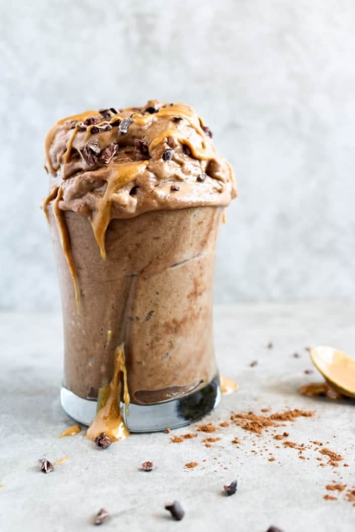 Chocolate Peanut Butter Soft Serve (Nice Cream) in a glass cup