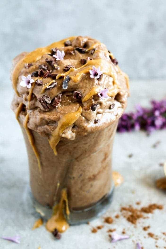 Chocolate Peanut Butter Soft Serve (Nice Cream) in a glass cup