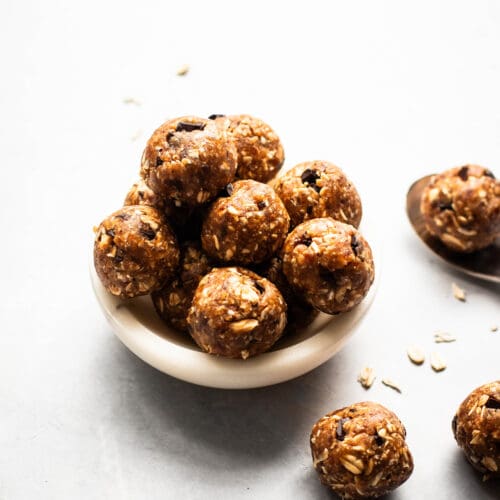 Peanut butter cookie dough bites in a small bowl.