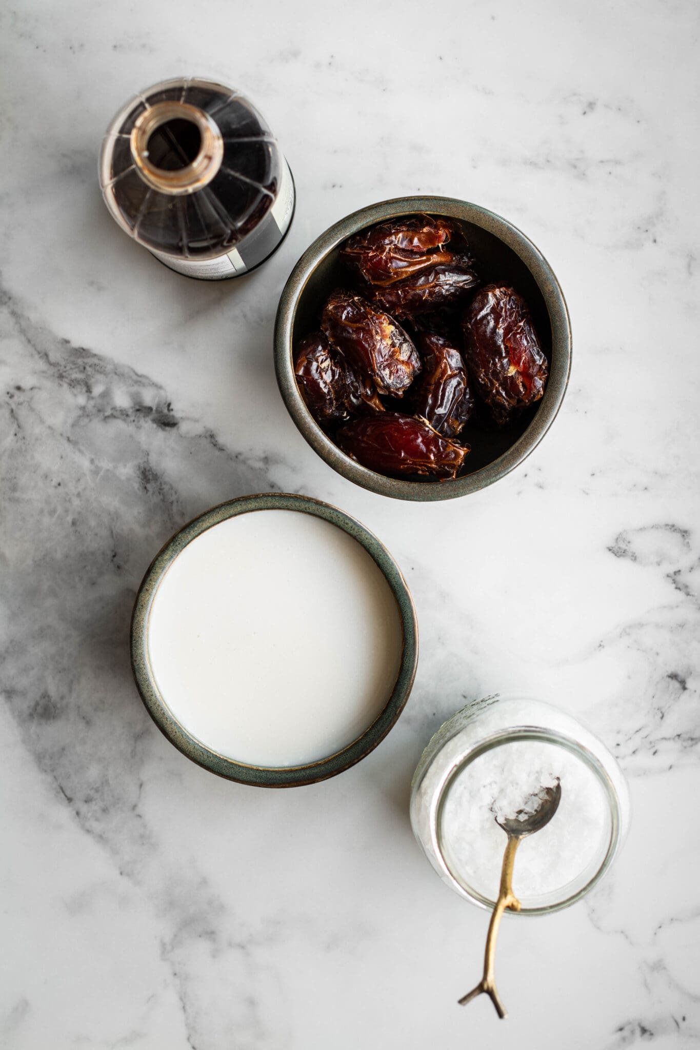 Dates, coconut milk, vanilla and salt seen from the top