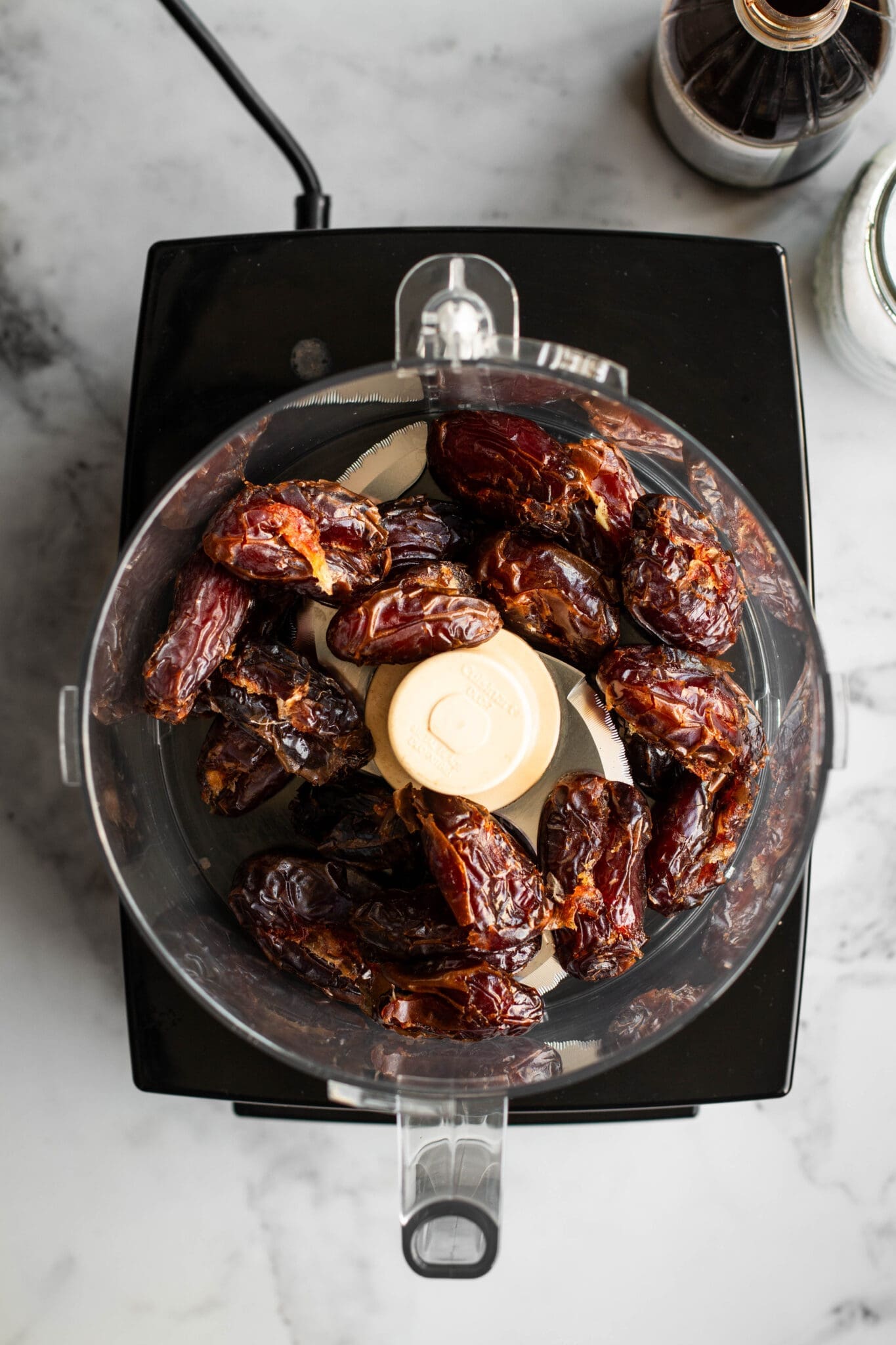Dates in a food processor, seen from the top