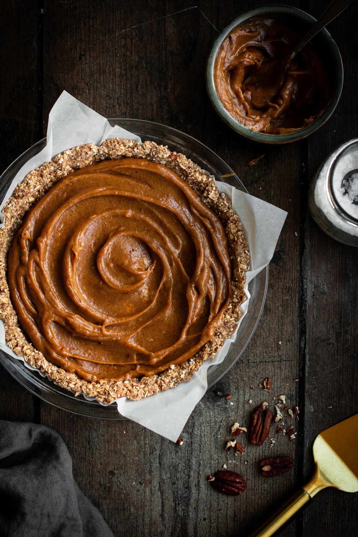 Easy date caramel pecan pie seen from the top
