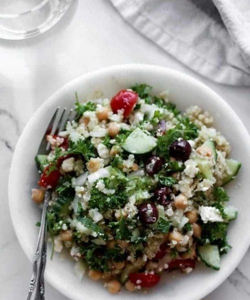 Greek Quinoa & Chickpea Salad seen from the top