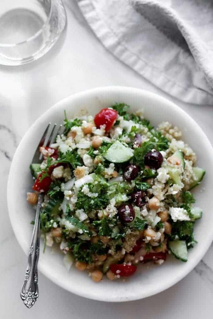 Greek Quinoa & Chickpea Salad seen from the top