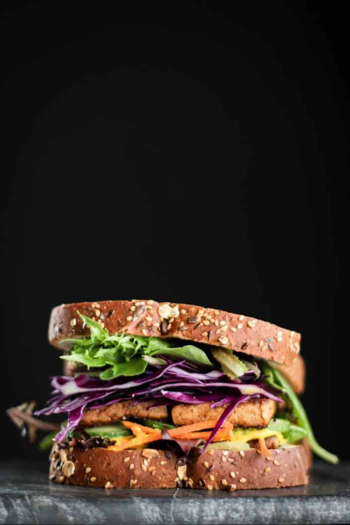 Marinated Tofu Sandwich seen from the side