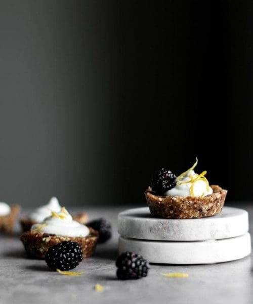 Mini Sugar-Free Cookie Dough Cheesecake as seen from the side with blackberries