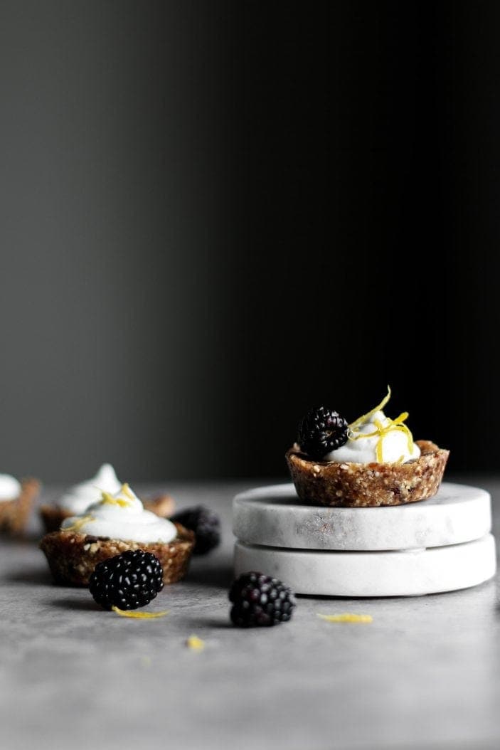 Mini Sugar-Free Cookie Dough Cheesecake as seen from the side with blackberries