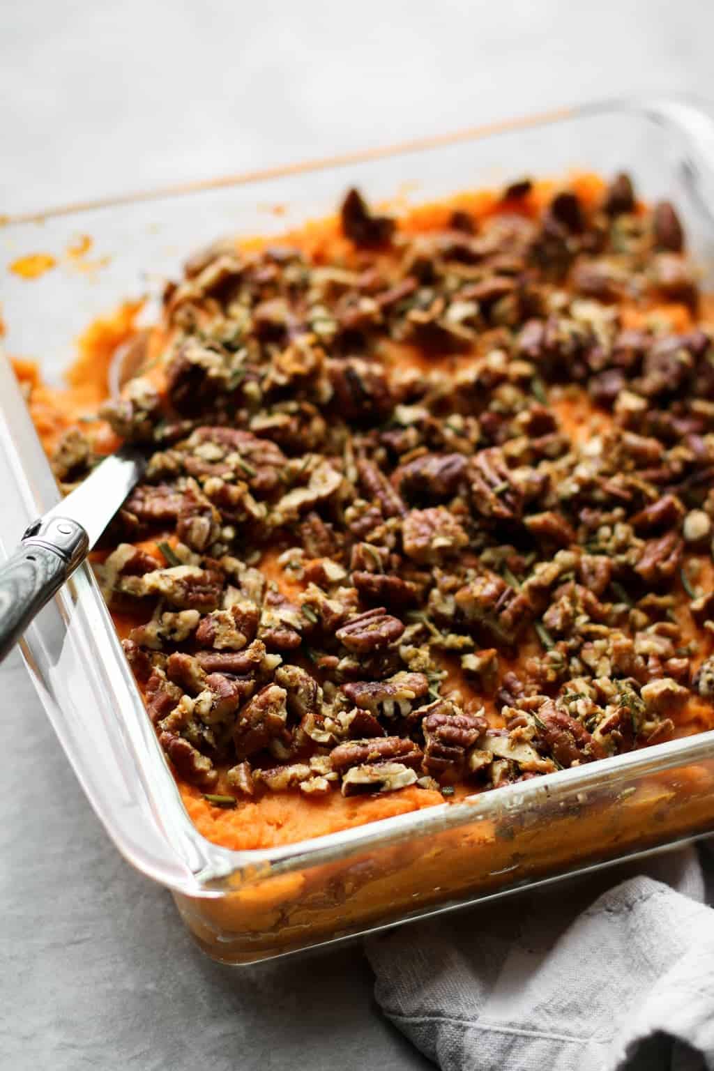 Savory Sweet Potato Casserole with Garlic Rosemary Pecans - Nourished