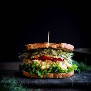 basic chickpea salad sandwich seen from the side
