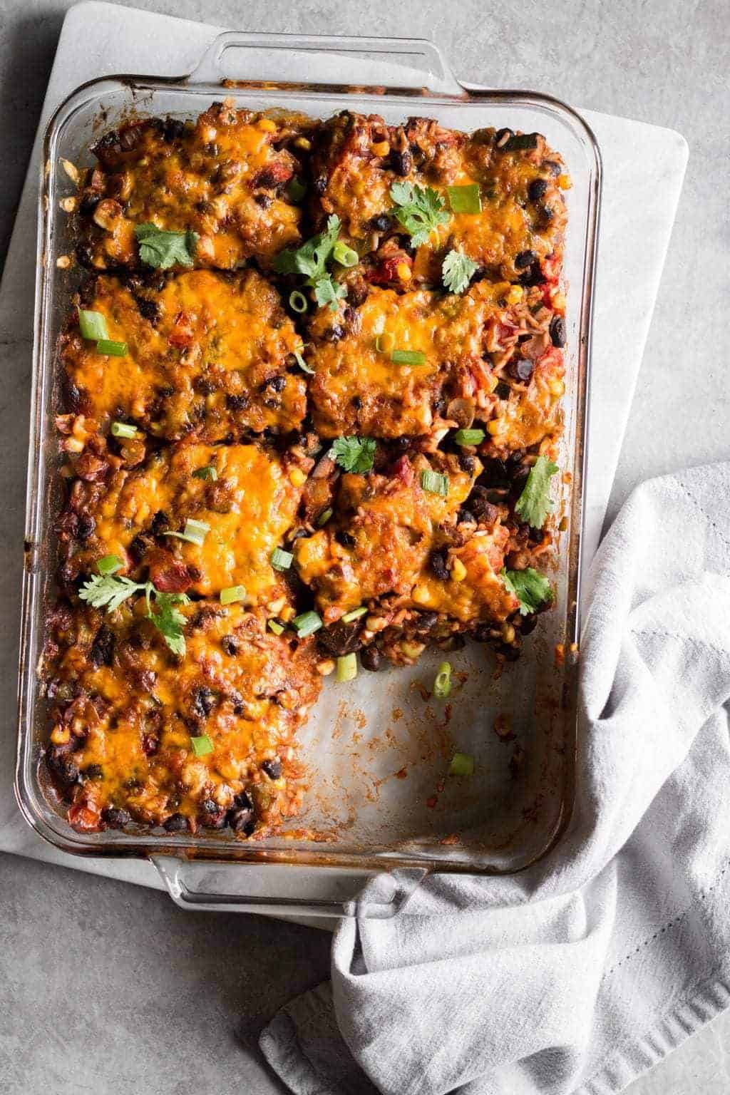 Late Summer Vegetarian Tex-Mex Casserole with a portion taken