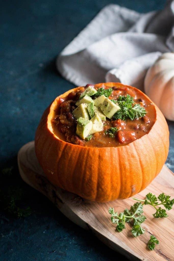 pumpkin chili served in chili - freezer-friendly recipe