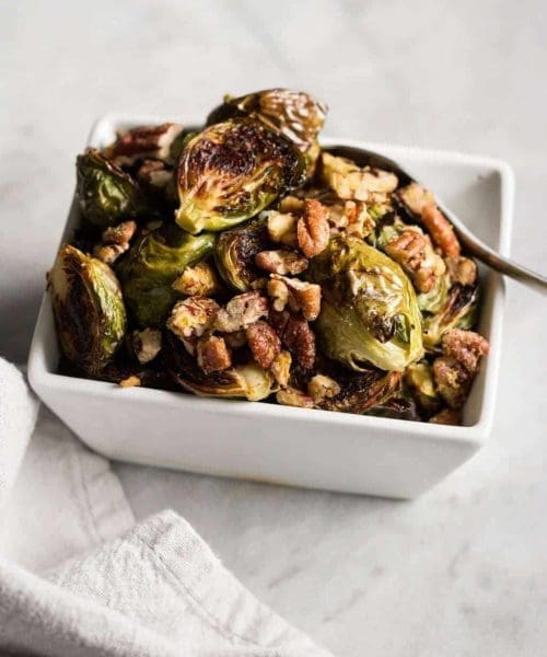 Roasted Brussels Sprouts with Garlic Pecans