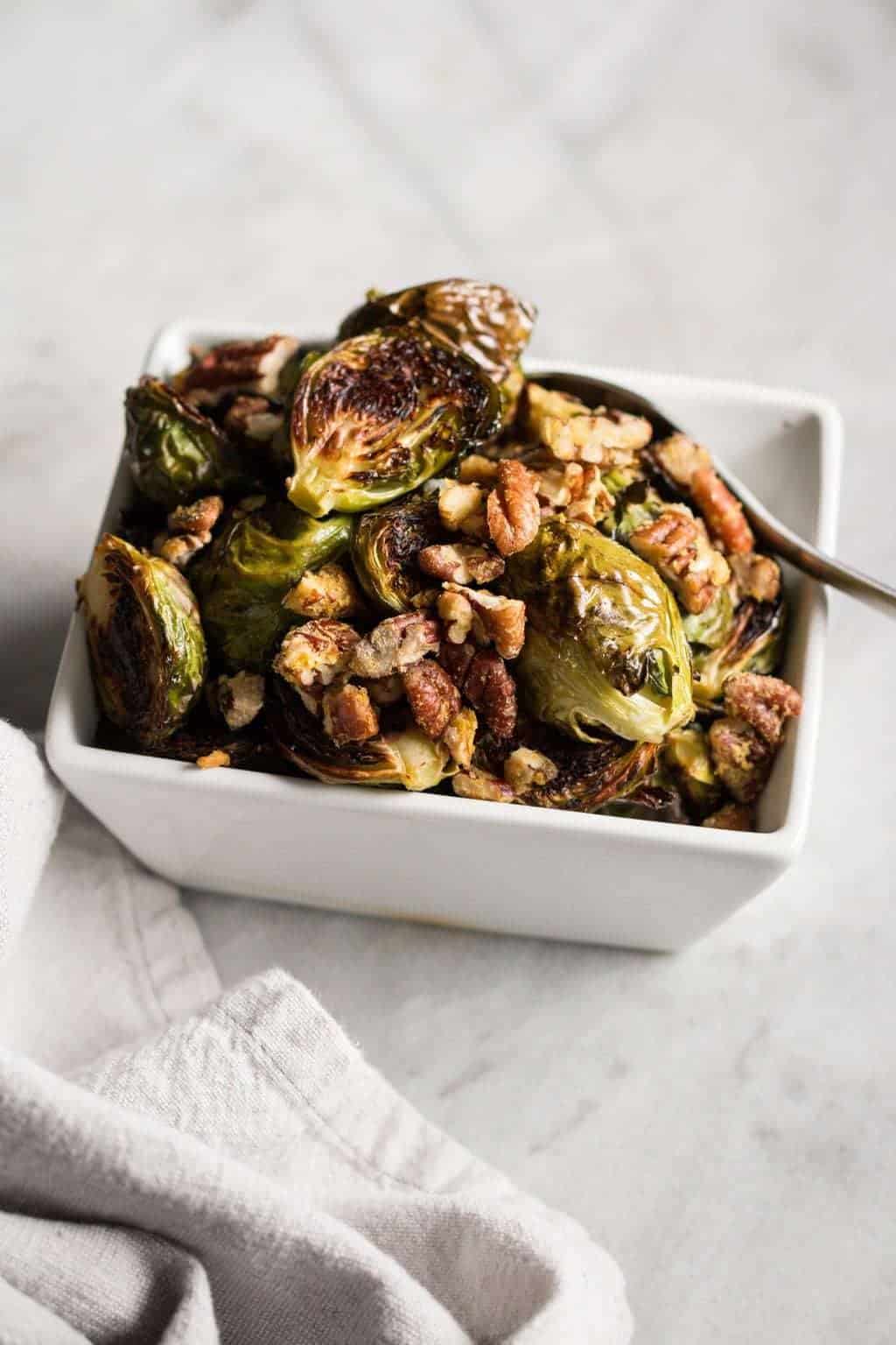 Roasted Brussels Sprouts with Garlic Pecans
