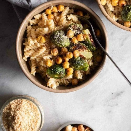 Creamy Hummus Pasta With Roasted Brussels Sprouts Nourished By Caroline