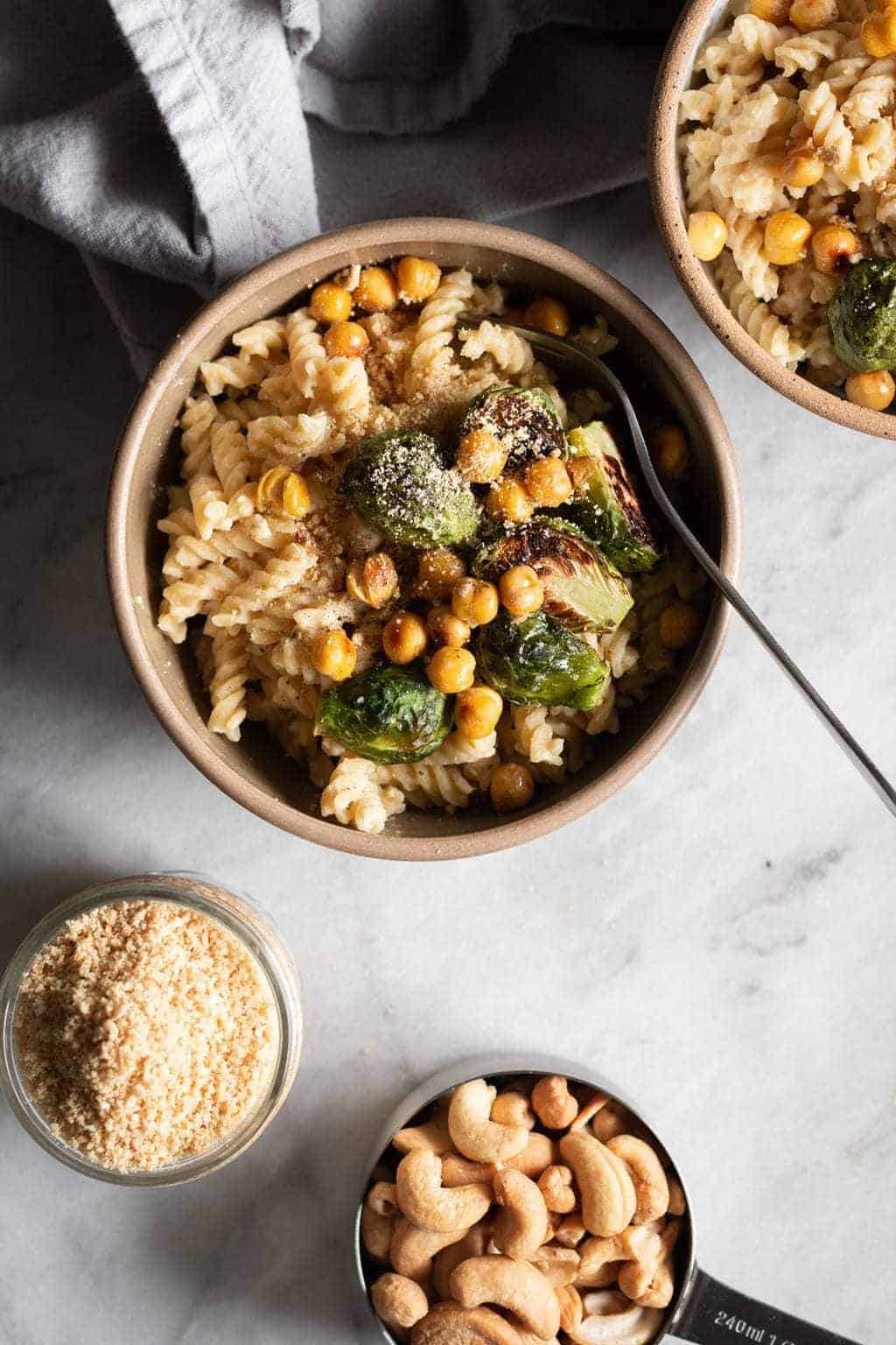 Creamy Hummus Pasta with Roasted Brussels Sprouts