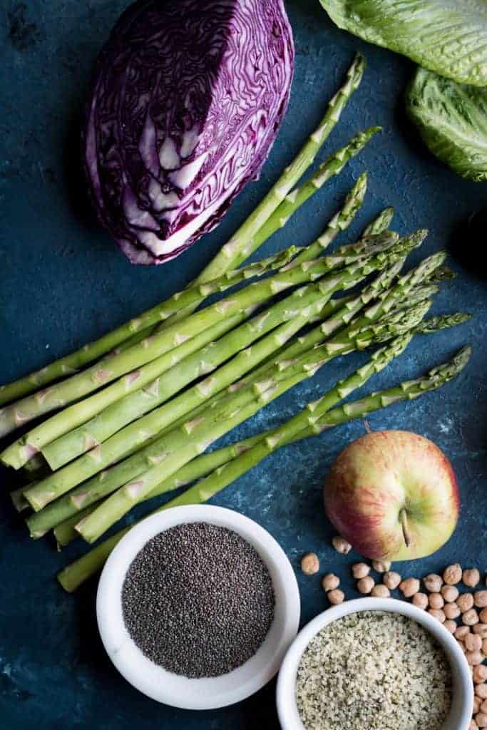 asparagus, cabbage, seeds and fruit