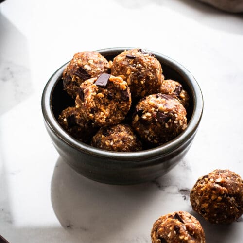 peanut butter chocolate chunk energy bites in a bowl
