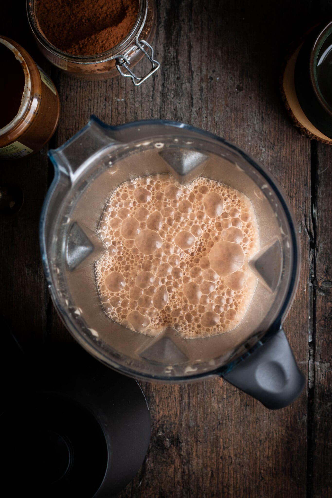 almond hot cocoa in a blender seen from the top