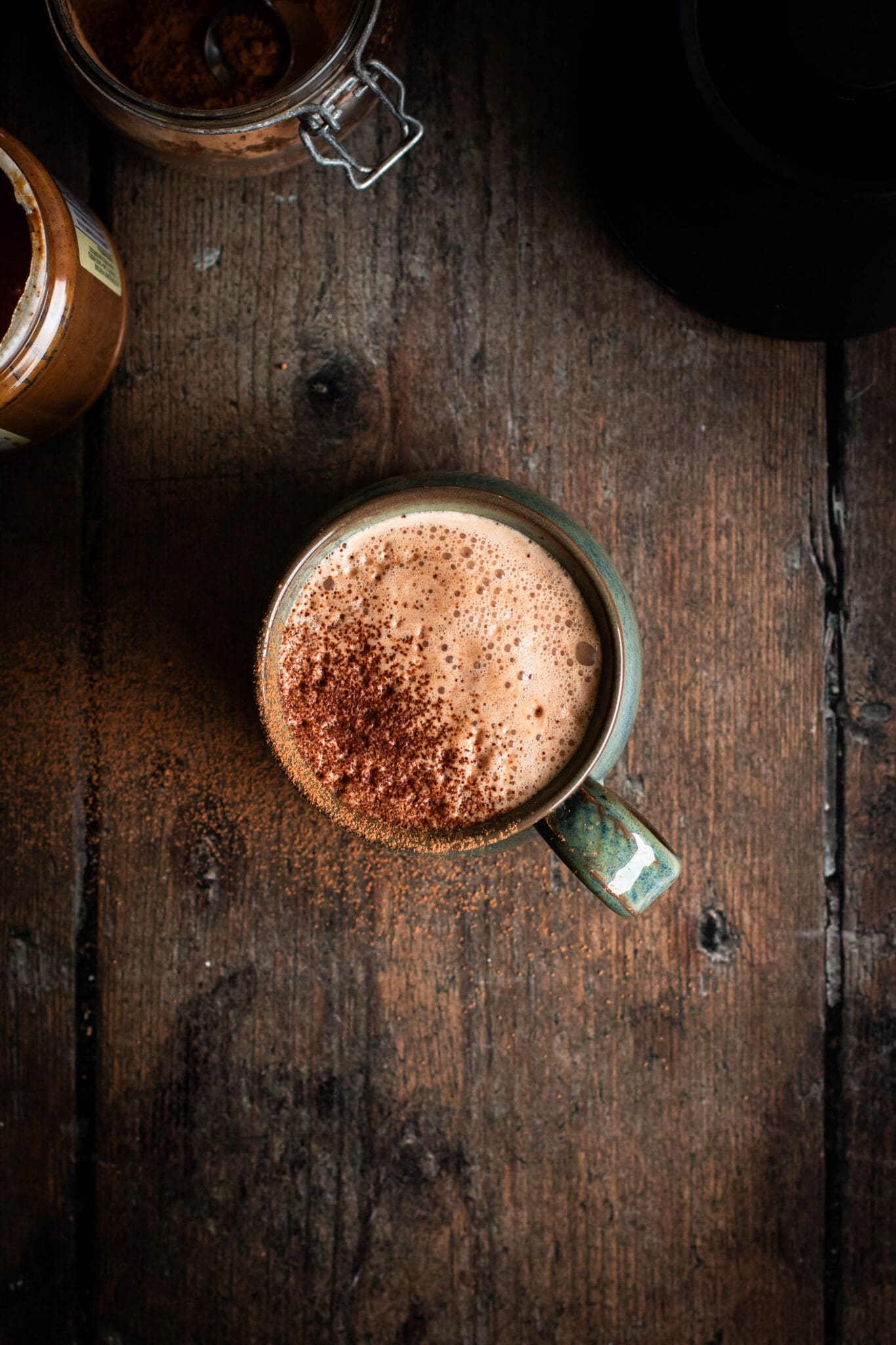 blender almond hot cocoa in a cup seen from the top