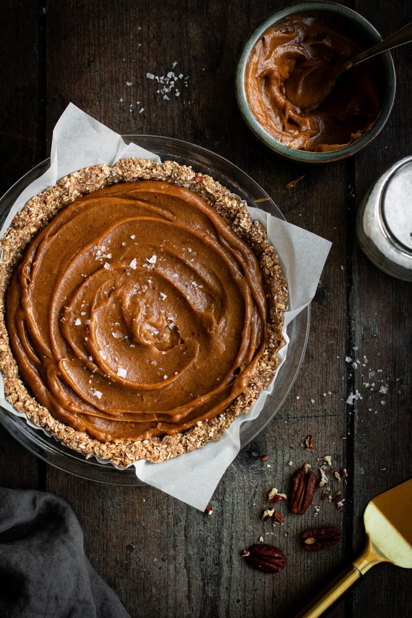 date caramel pecan pie seen from the top