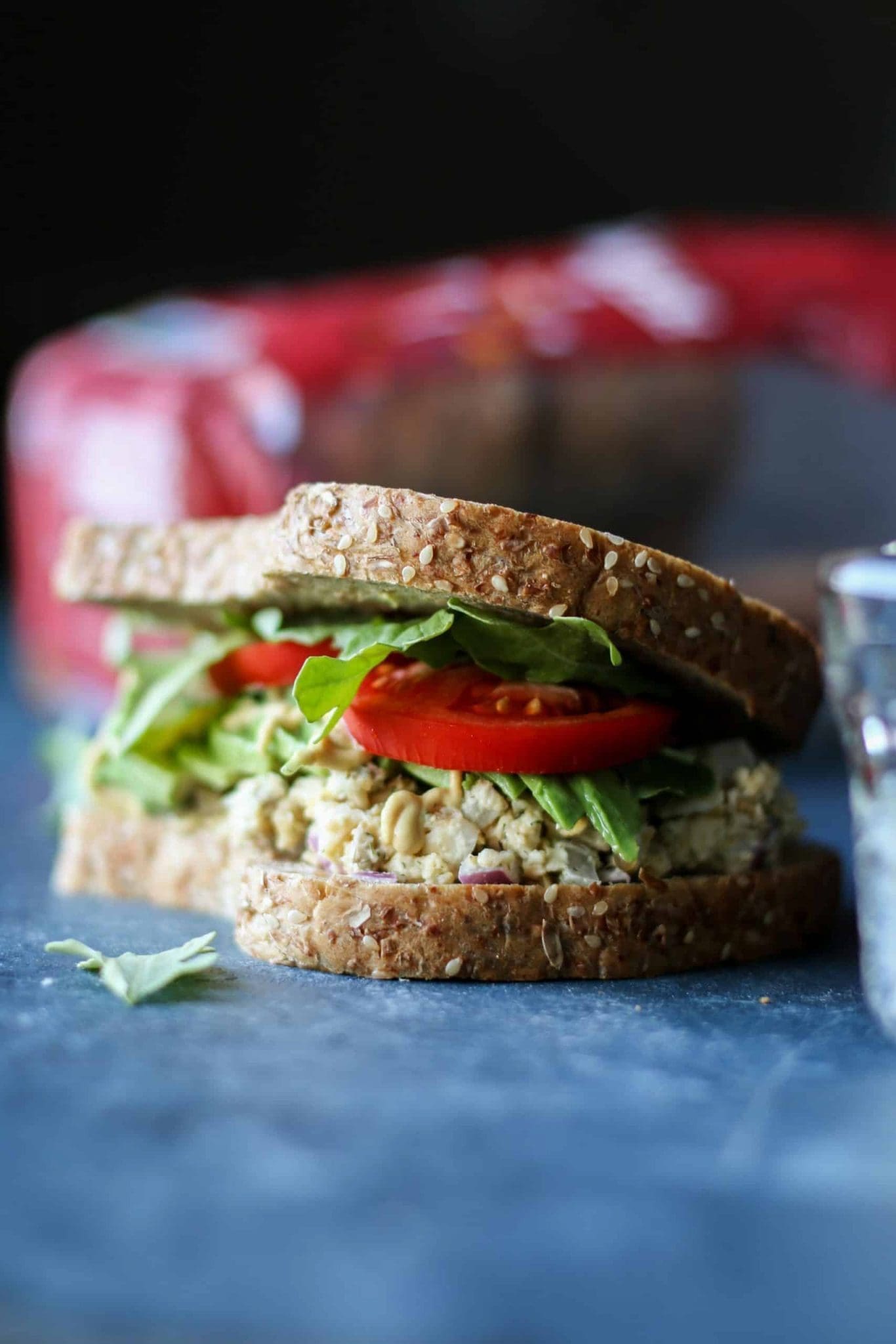 chickpea salad sandwich seen from the side