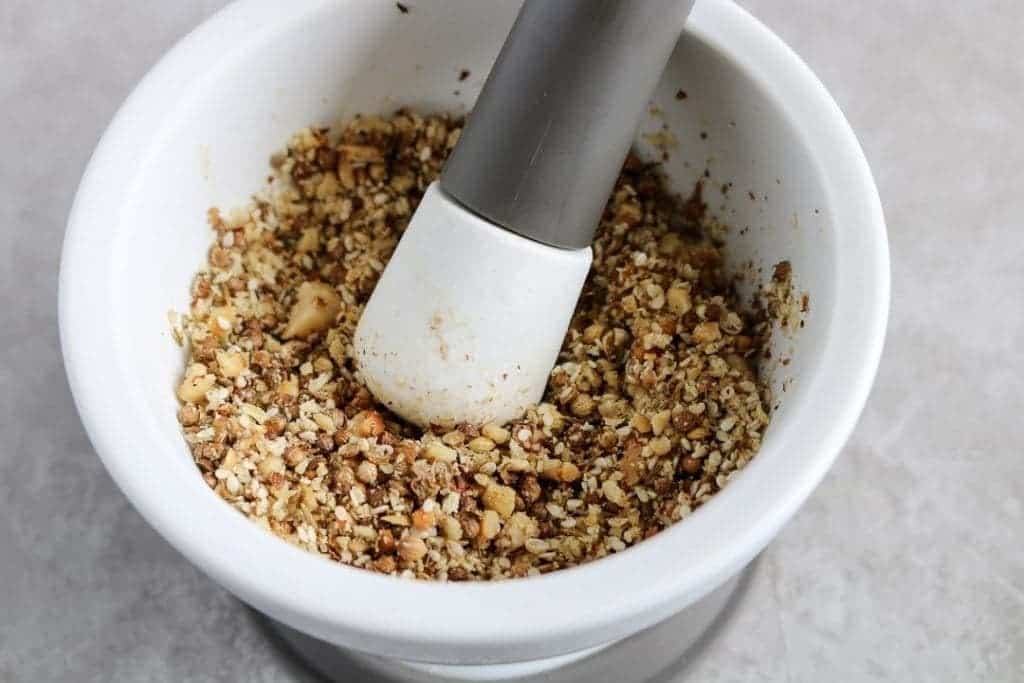 Dukkah seen from the side for the Naan Avocado Toast with Dukkah & Pan-Fried Chickpeas 