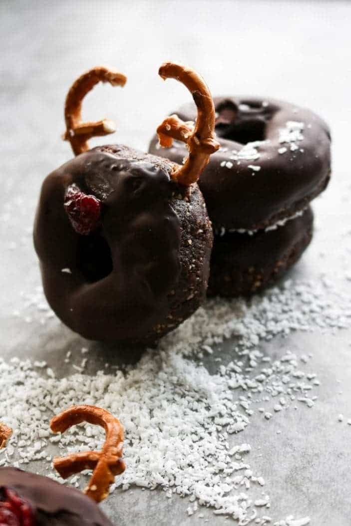 Three Rudolph Nutella Donuts seen from the side as great holiday desserts