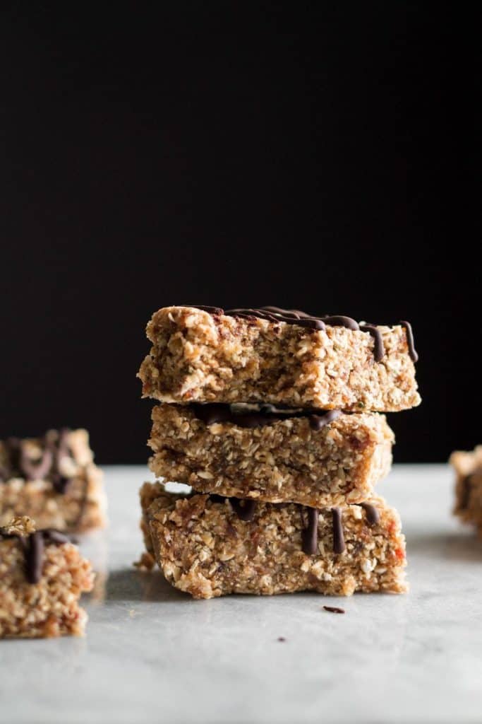 stacked walnut granola bars from the side