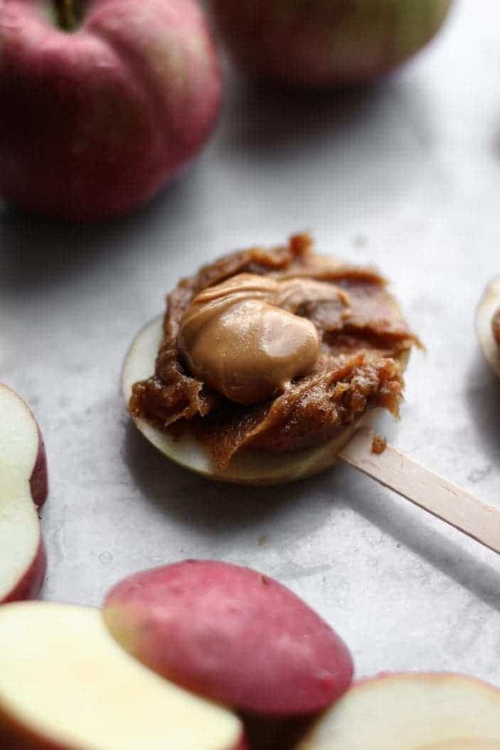 apple slice with date caramel and peanut butter