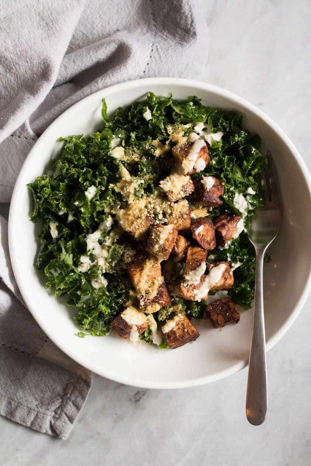 Tempeh Kale Salad with Tahini Dressing