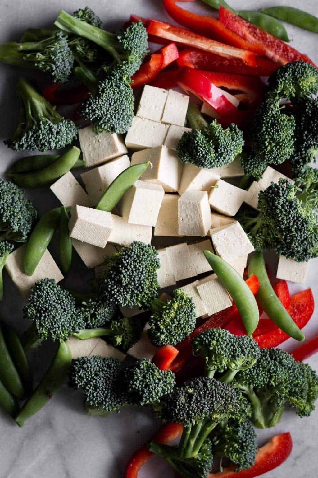 broccoli, peppers, snap peas and tofu