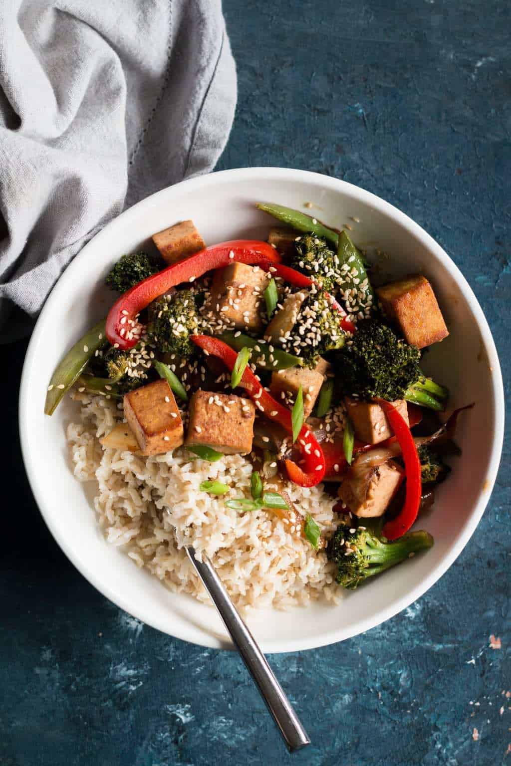 Weeknight Vegetarian Stir Fry in a bowl with rice