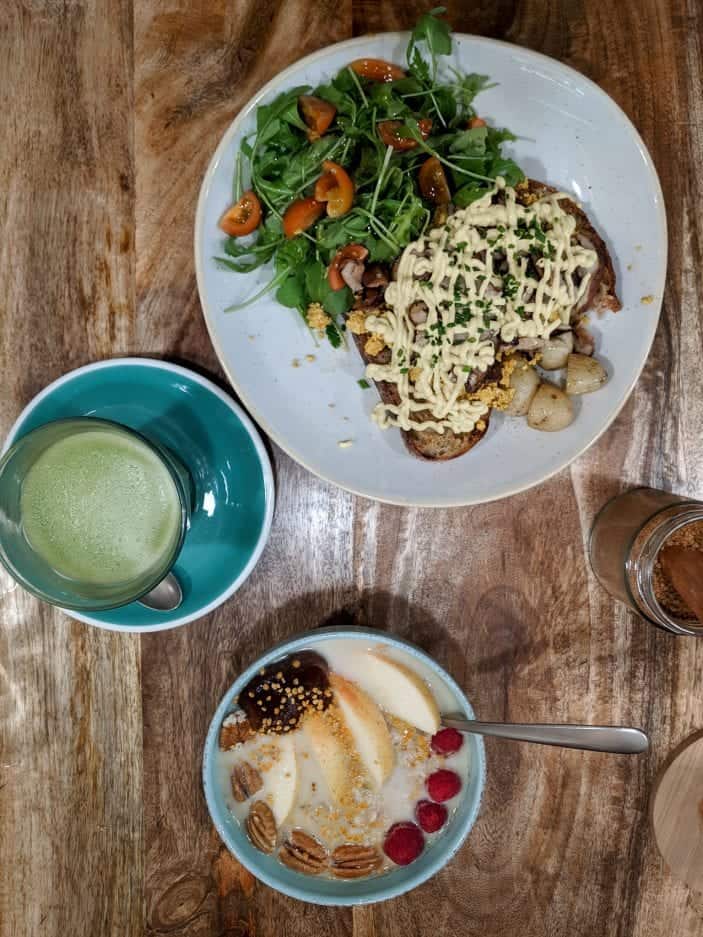 tofu toast, oatmeal and matcha