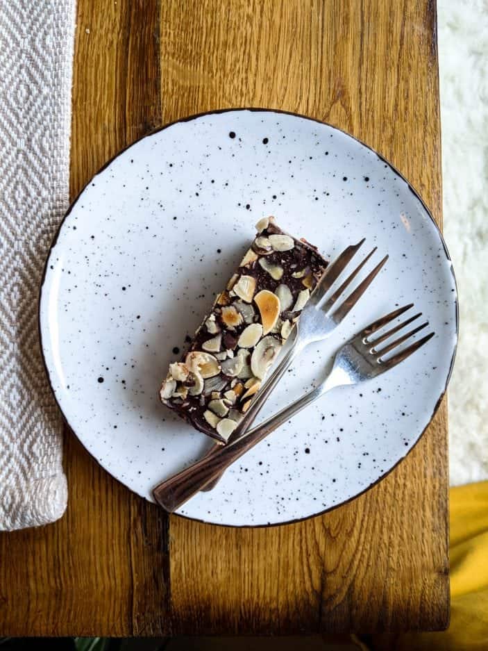 Chocolate almond slice in a plate