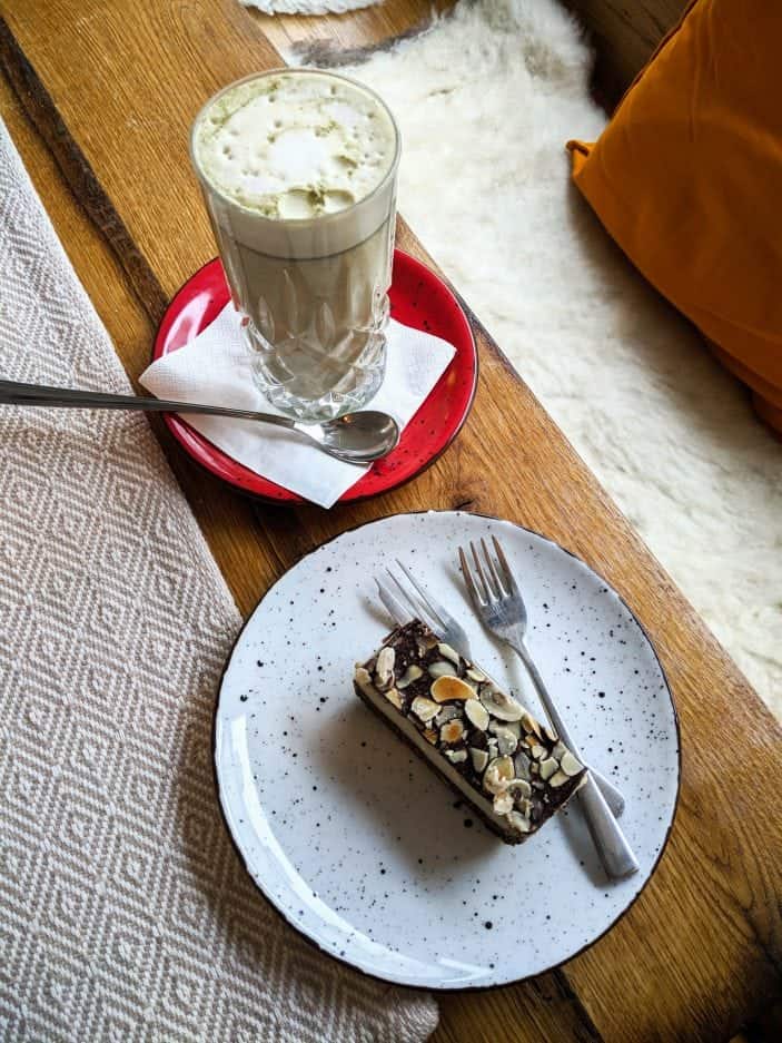 Chocolate almond slice and matcha latte