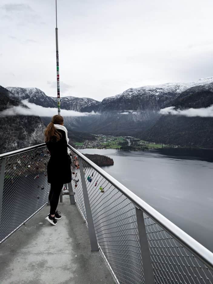 Girl on lookout with mountains