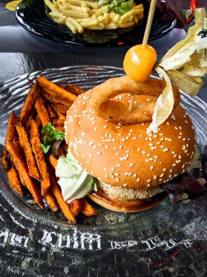 burger and sweet potato fries