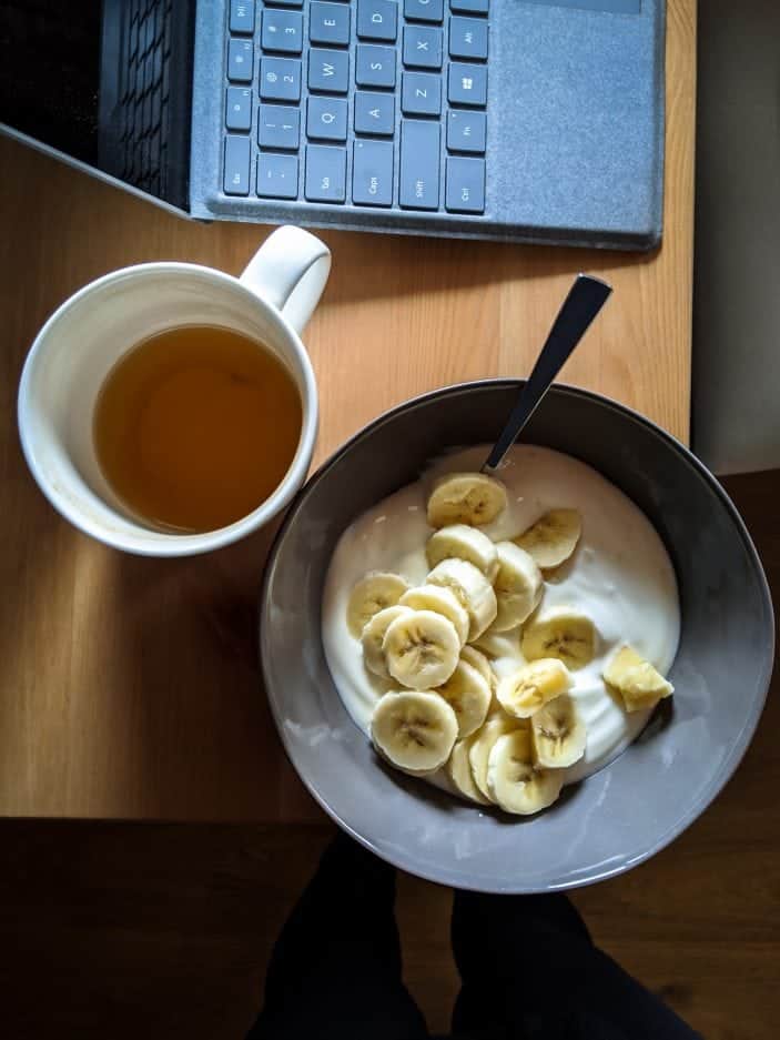 yogurt and banana, plus tea