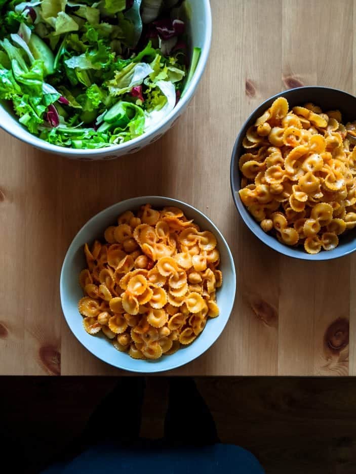 pasta and salad in bowls