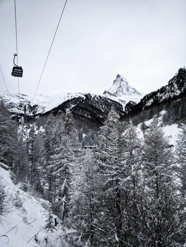 Matterhorn in the snow with a ski lift