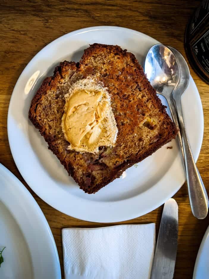 healthy while traveling - banana bread on a plate