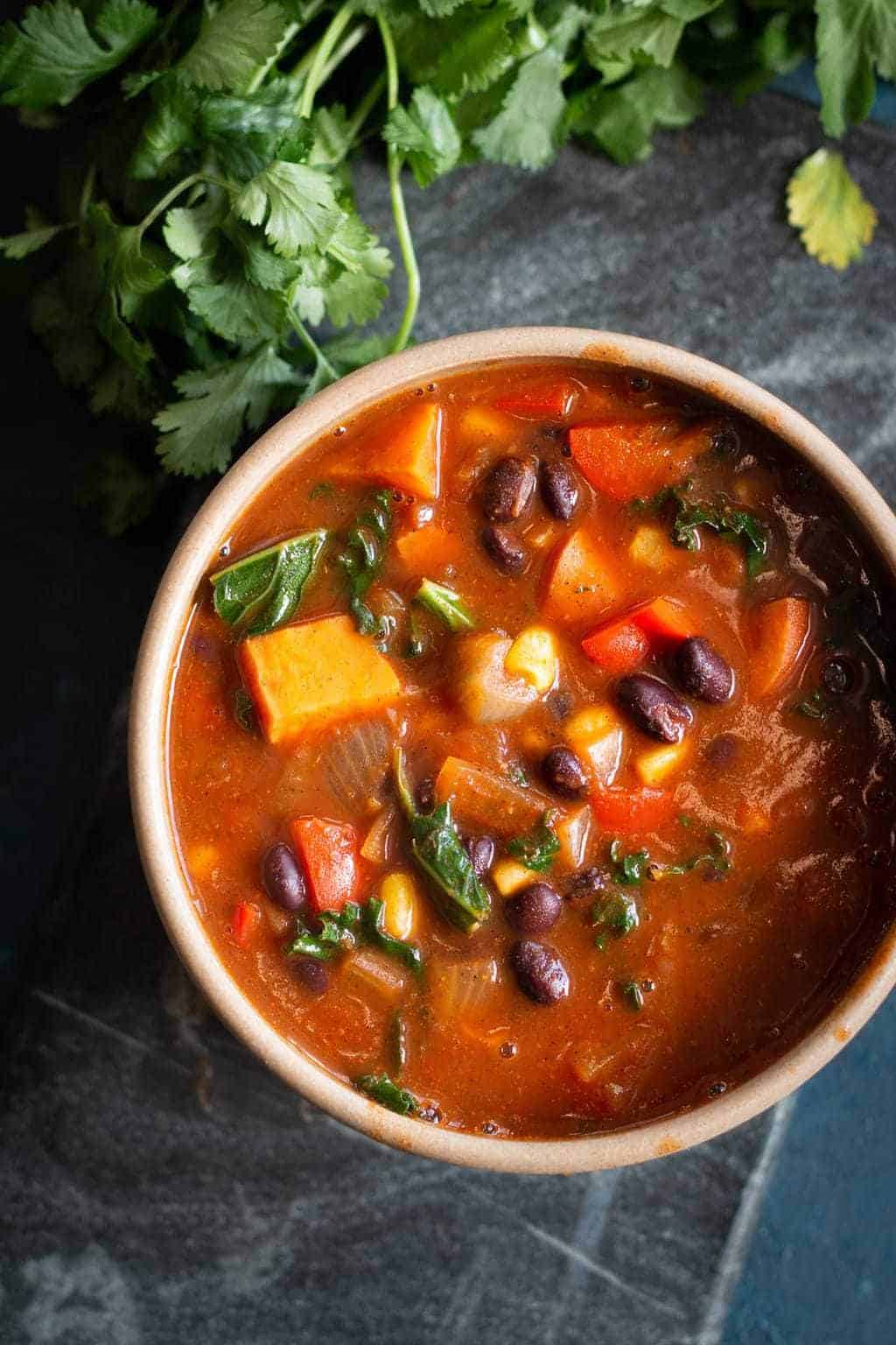 vegan black bean enchilada soup in a bowl
