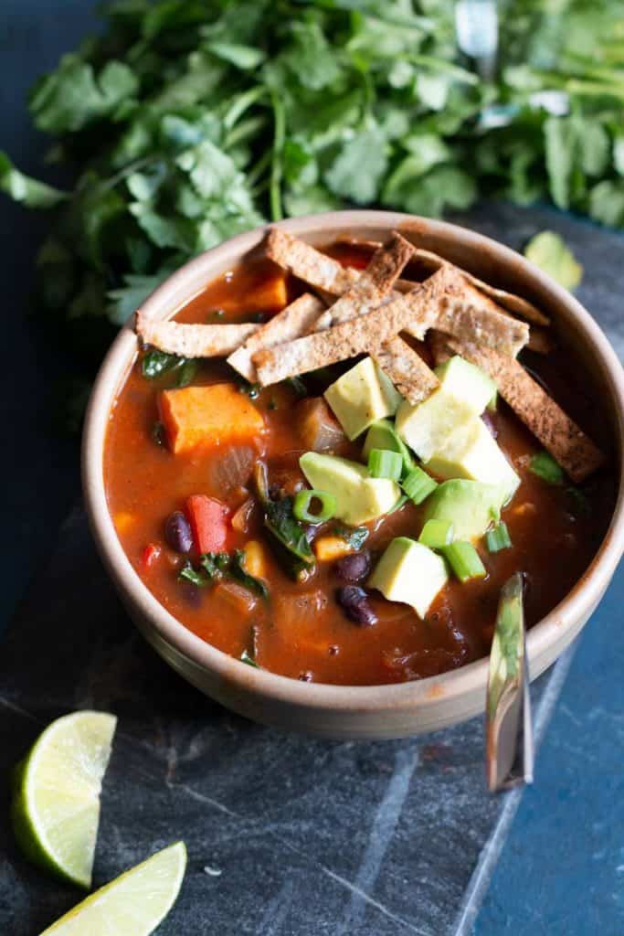 black bean enchilada soup with toppings