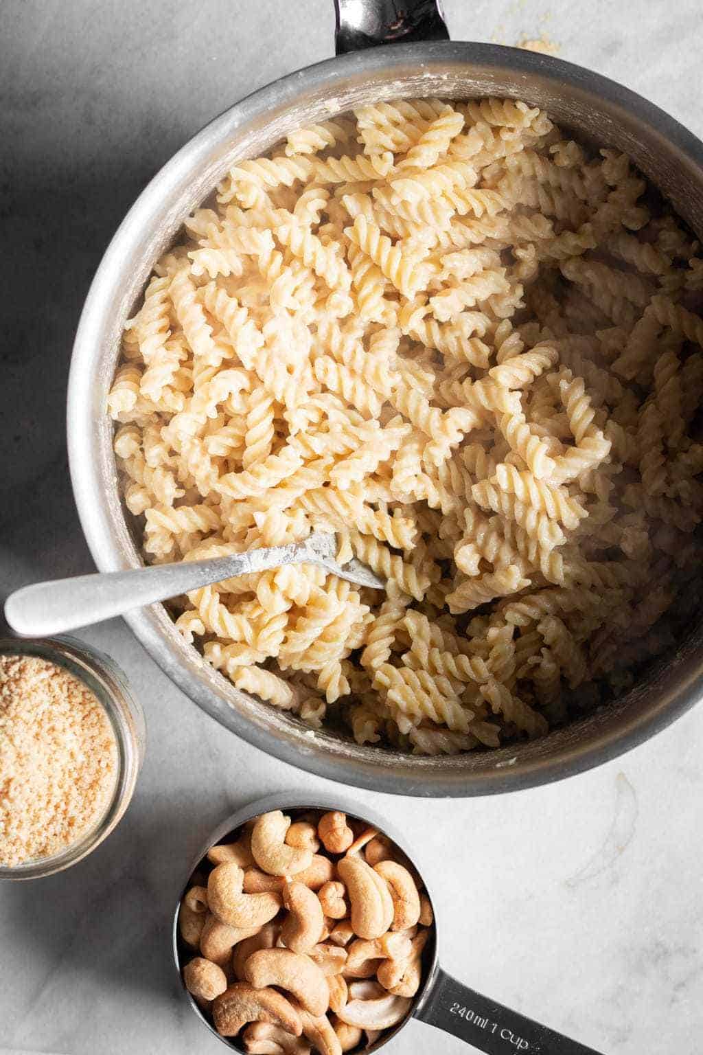 Creamy Hummus Pasta with Roasted Brussels Sprouts