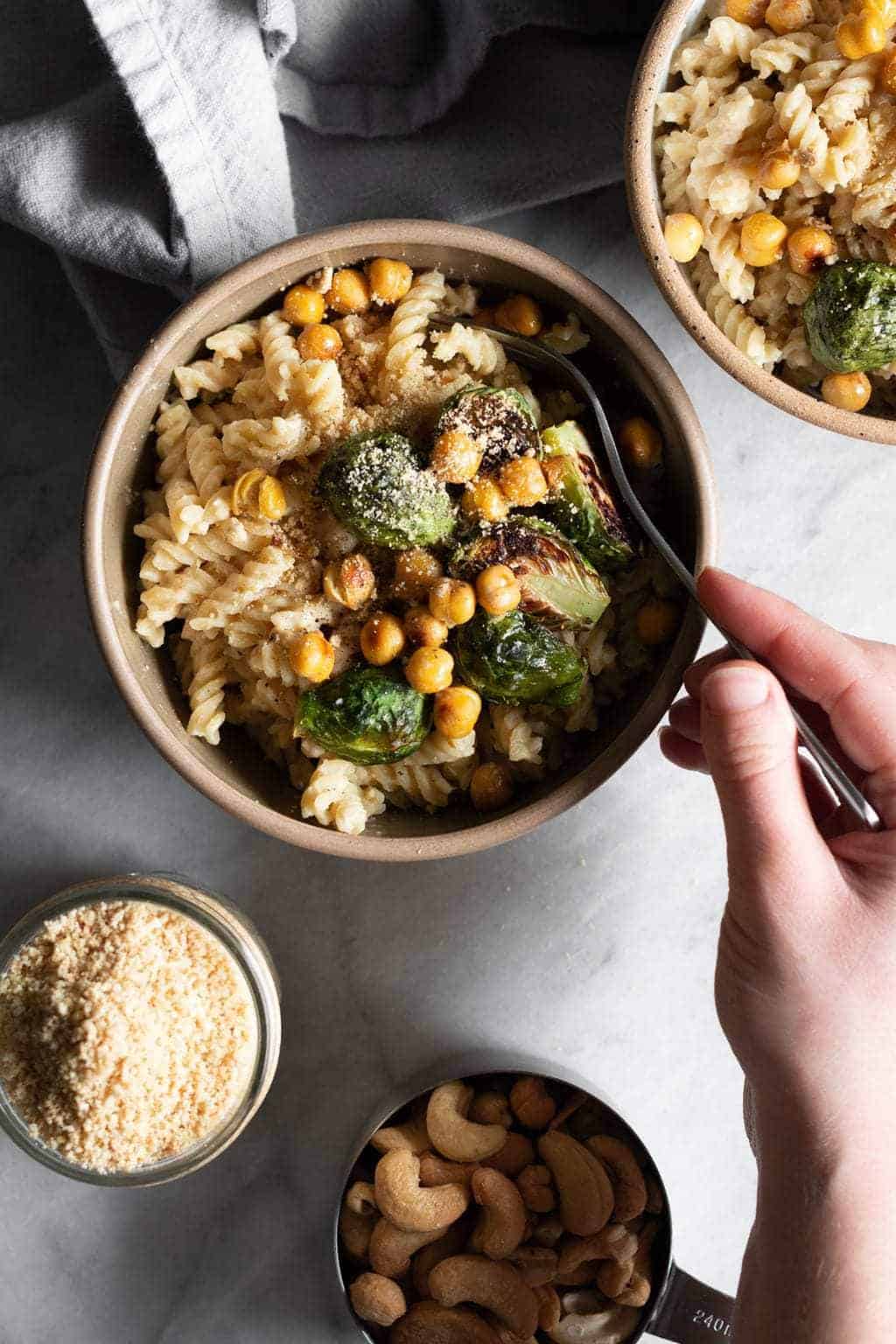 Creamy Hummus Pasta with Roasted Brussels Sprouts