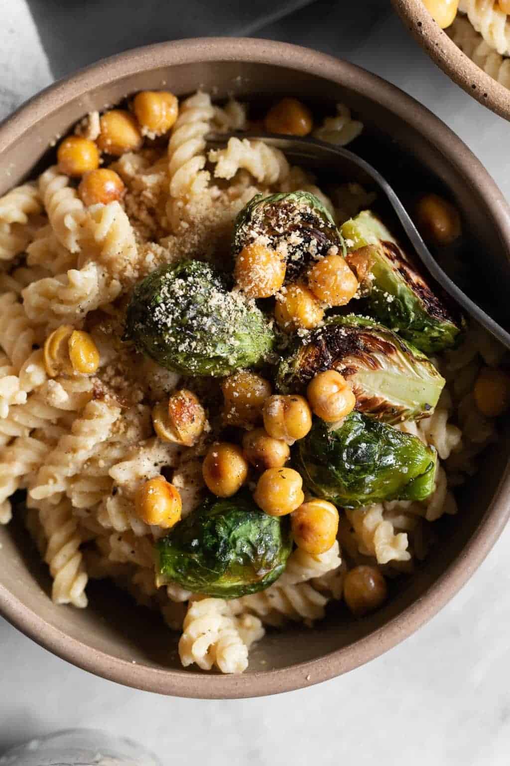 Creamy Hummus Pasta with Roasted Brussels Sprouts