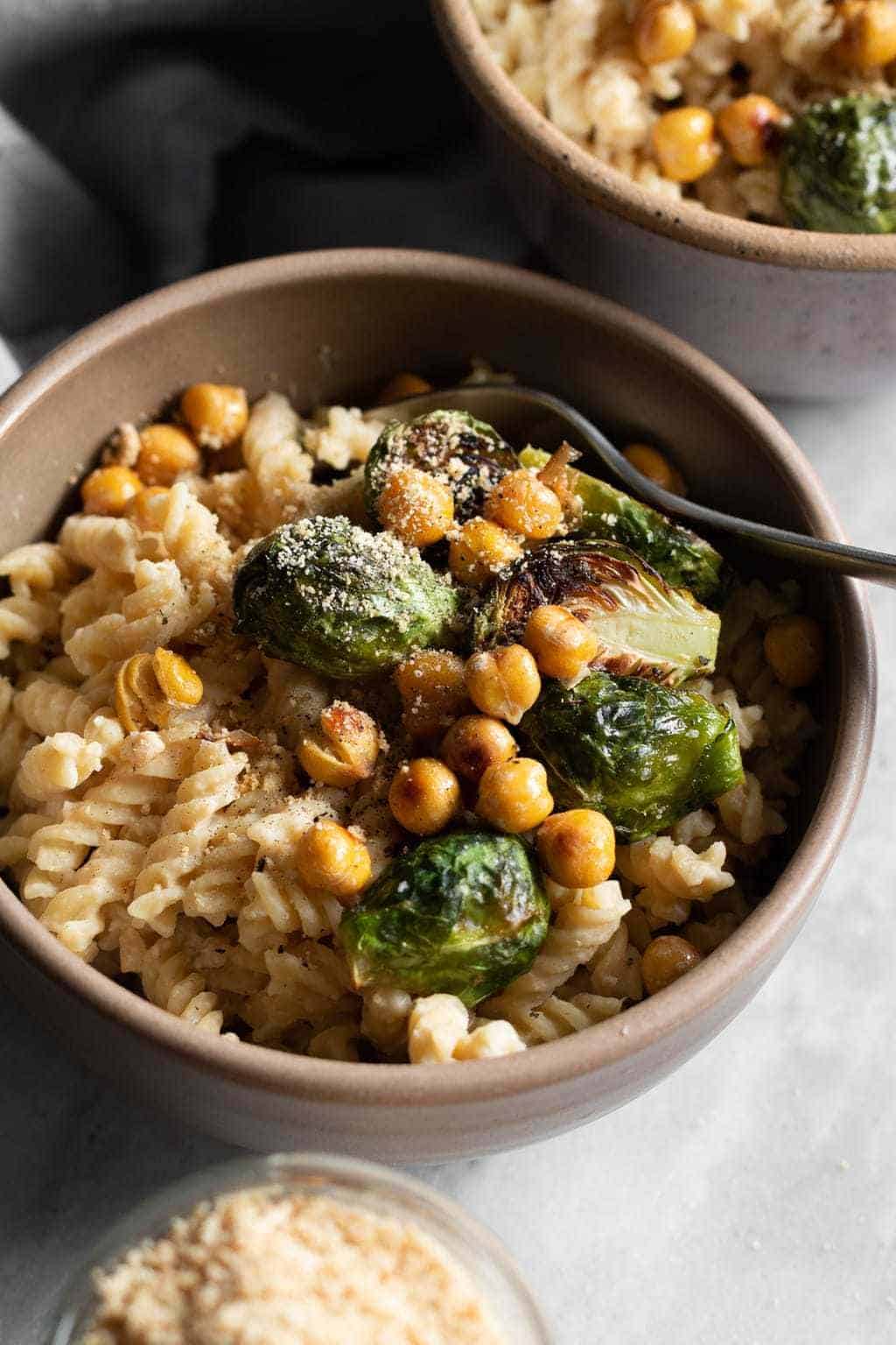 Creamy Hummus Pasta with Roasted Brussels Sprouts