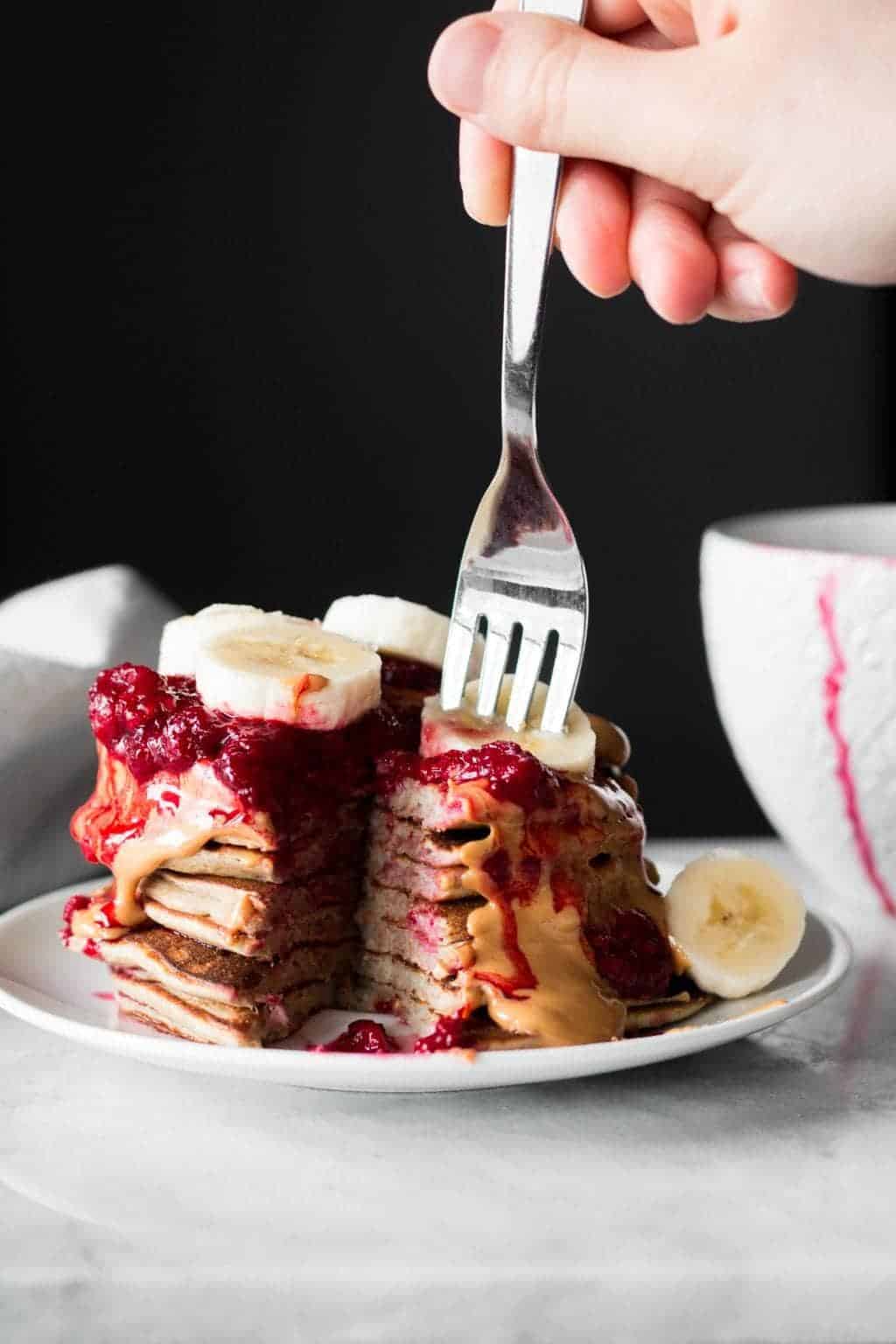 Whole Wheat Banana Pancakes with fork