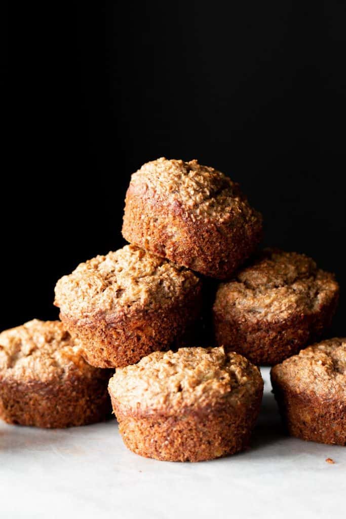 stack of bran muffins seen from the side