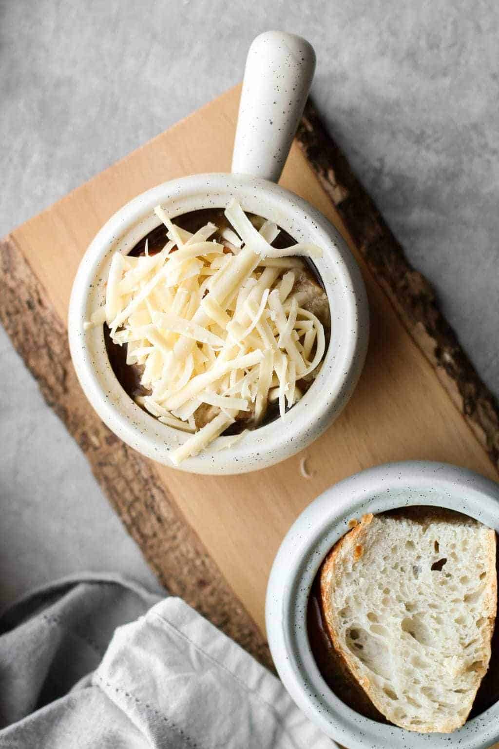 Vegetarian French Onion Soup with fresh cheese